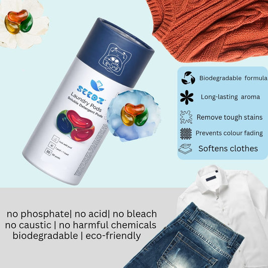 SEEDZ laundry pods 3-in-1 Dissolvable Magic Laundry Pods for 30 washes:Bioenzymes Infused,Tough Stain Fighter for Top & Front Load with Floral Aroma,1 Pod = 1 Wash for 5-7kg